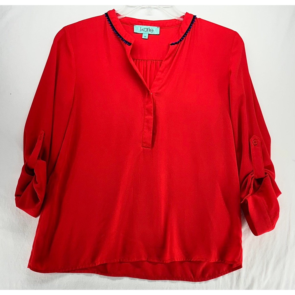 Karlie Red Split Neck Roll Tab Sleeve Blouse Bead Trimmed Collar Size M